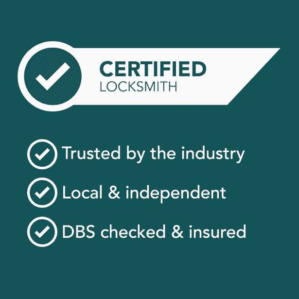 Certified Locksmiths and Security Approved Company badge showing this business has been independently recognised as a trusted local independent locksmith serving Bradley Stoke, and is DBS checked and insured.
