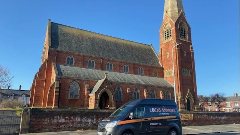 Locks Express Locksmith van outside St James church in Barrow ib Furness