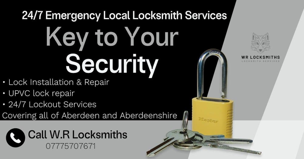 W.R Locksmiths services available in Banchory, Aberdeenshire, including emergency locksmith, lock repair and lock replacement services.
